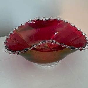 Vintage Red Glass Bonnet Shape Bowl